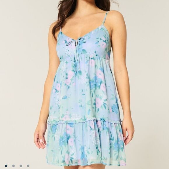 HOLLISTER Blue Floral Babydoll Mini Dress New Small Tall Msrp $50 - Picture 9 of 16